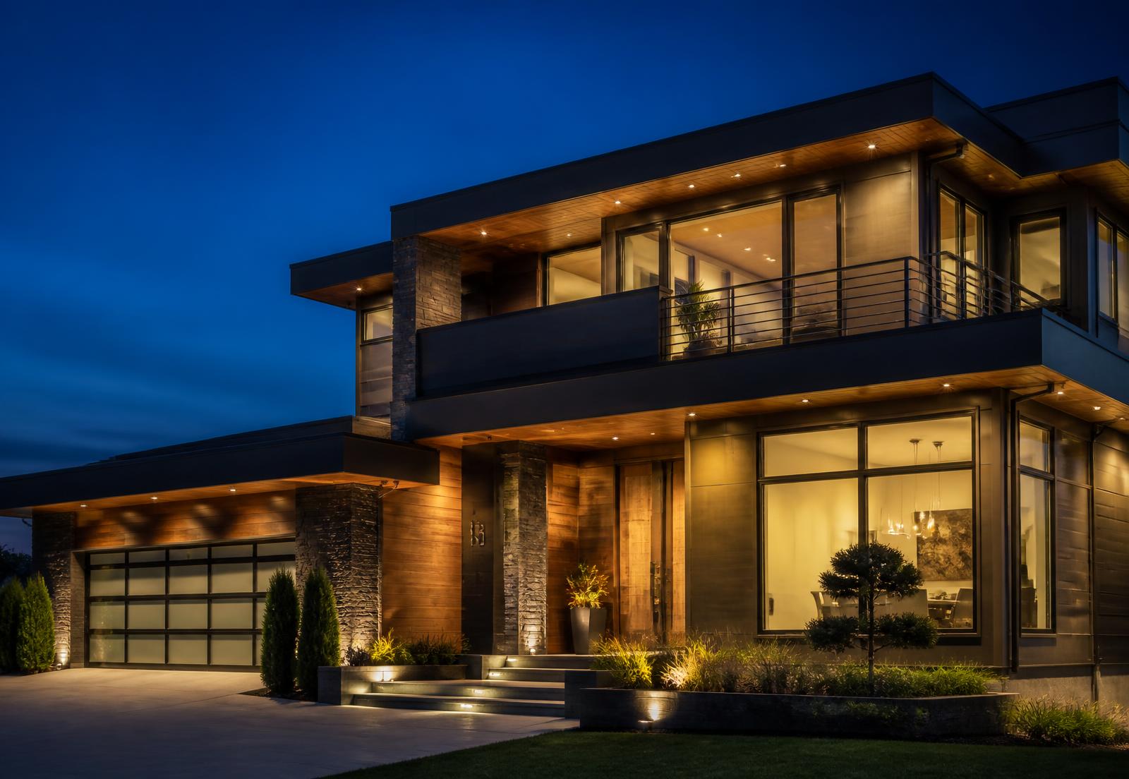 Modern home at dusk protected by a discreet security camera system